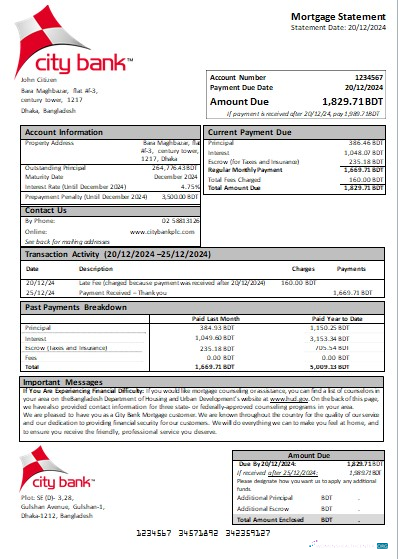 Download Bangladesh City Bank bank mortgage statement scr Photoshop template